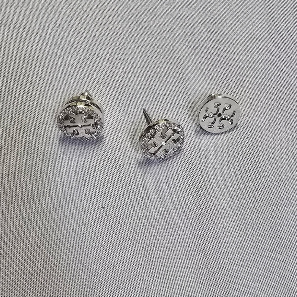 Tory Burch Crystal logo stud earrings Silver - Picture 3 of 5